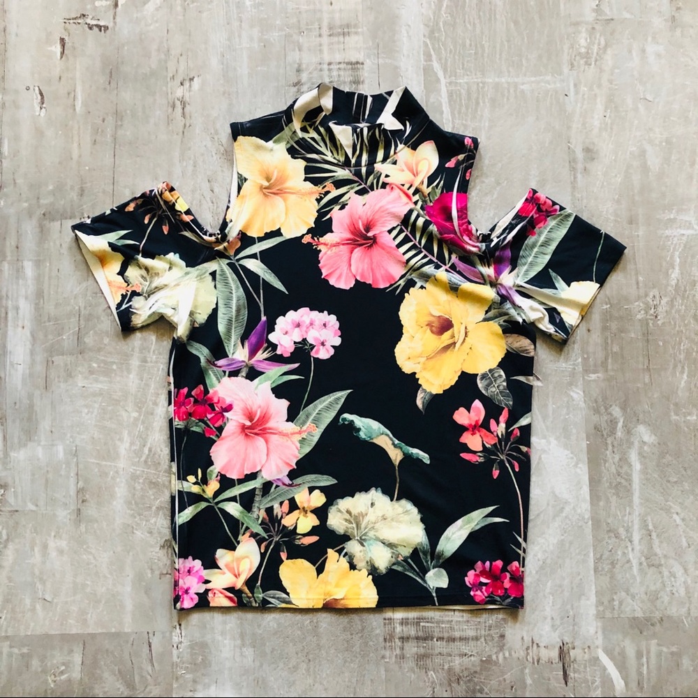 Floral Cold-Shoulder Short Sleeve Tee - Black with Pink & Yellow Blooms